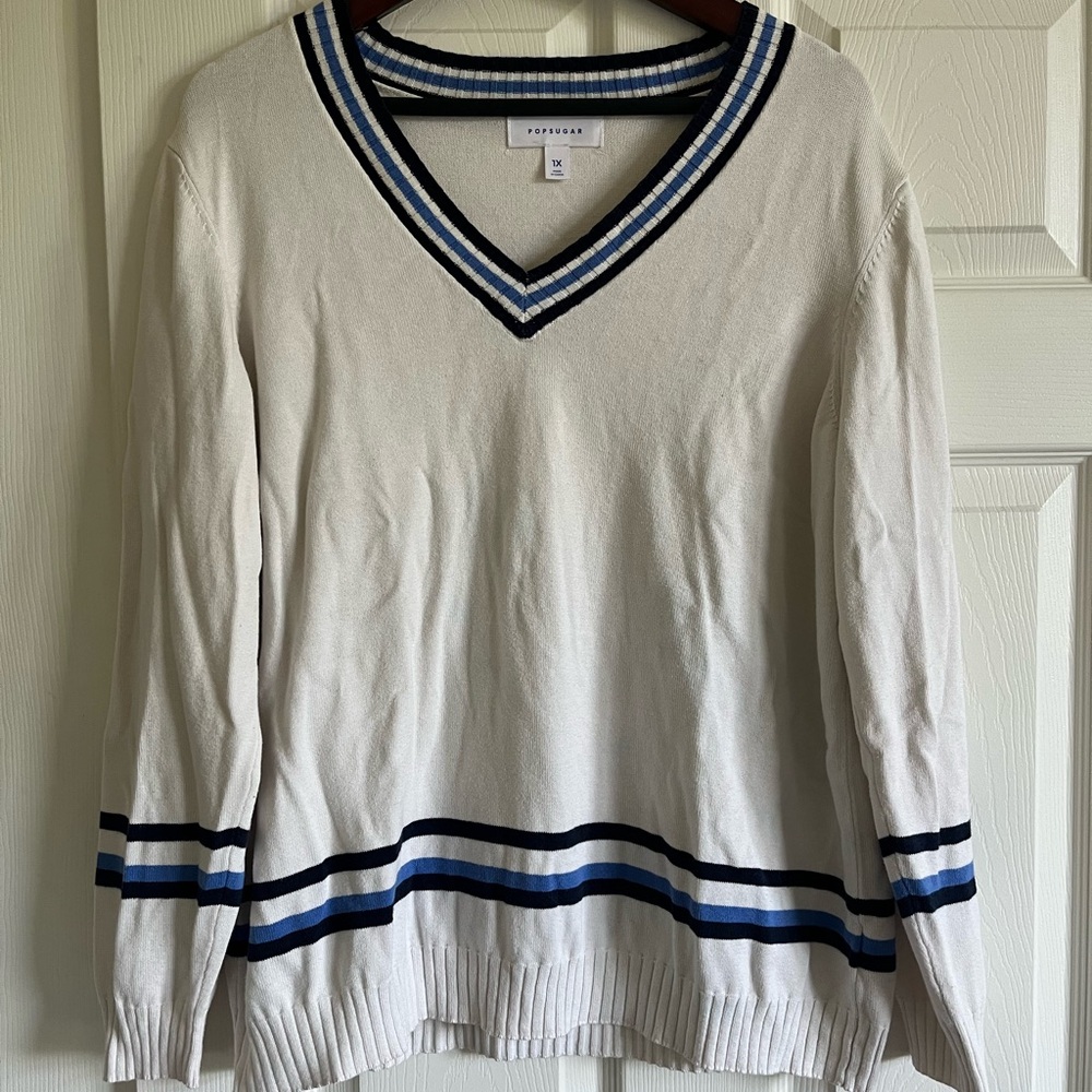POPSUGAR Blue & White V-Neck Sweater